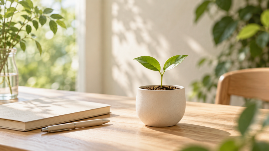 朝の光が差し込む木の机に置かれた、若芽の鉢植え